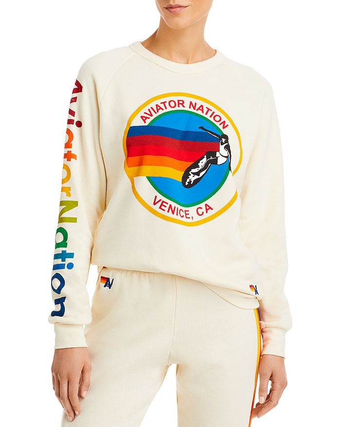 Aviator Nation Rainbow Stripe Graphic Sweatshirt In Vintage White/classic Stripe