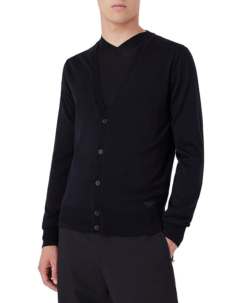 Shop Armani Collezioni Armani Wool Solid Slim Fit V Neck Cardigan In Navy Blue