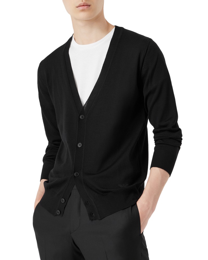 Emporio Armani Armani Wool Solid Slim Fit V Neck Cardigan in Black