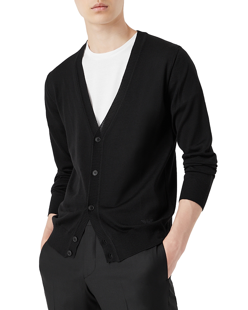 Emporio Armani Armani Wool Solid Slim Fit V Neck Cardigan In Black
