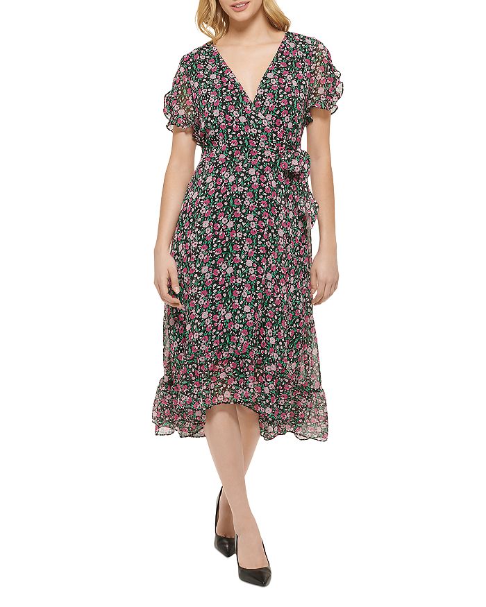 KARL LAGERFELD PARIS Floral Print Wrap Midi Dress | Bloomingdale's