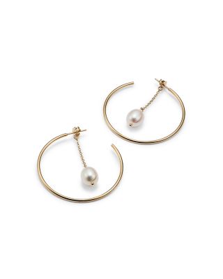 14K Yellow Gold Hoop Earrings with Cultured Freshwater Pearl - Exclusive