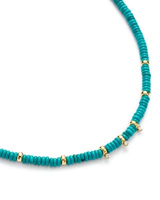 14K Yellow Gold Gemstone Beads Turquoise & Diamond Collar Necklace, 16-18"