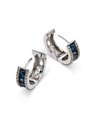 Blue Sapphire and Diamond Hoop Earrings in 14K White Gold  