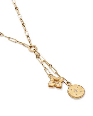 18K Yellow Gold Venetian Princess Diamond Flower &amp; Disc Pendant Y Necklace, 15&amp;quot;