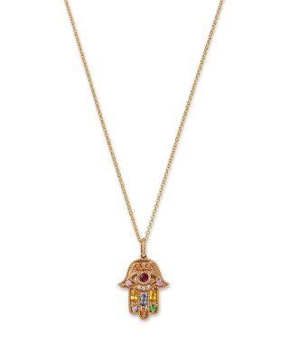 Rainbow Gemstone & Diamond Hamsa Pendant Necklace in 14K Yellow Gold, 18" 