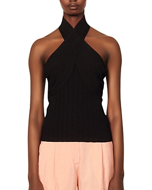 Sandro Twist-neck Backless Stretch-woven Top In Black