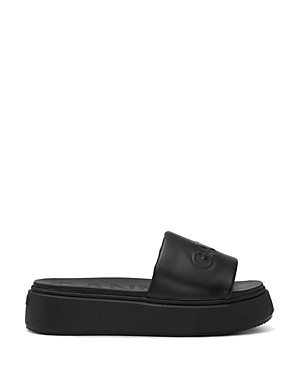 Ganni Logo-embossed Vegan Leather Platform Slides In Black