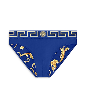 Versace Greca Border Swim Briefs In Bluette/gold