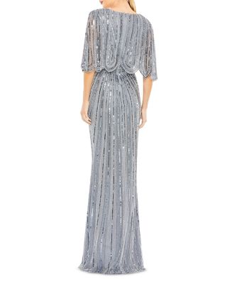  Sequined V Neck Cape Sleeve Column Gown