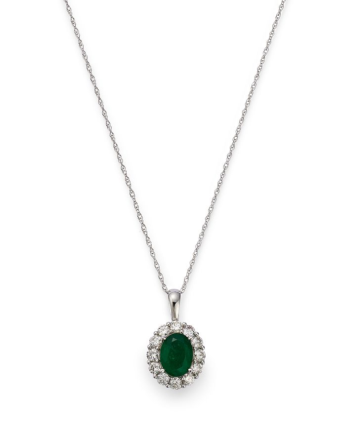 Bloomingdale's - Emerald & Diamond Halo Pendant Necklace in 14K White Gold, 18" - 100% Exclusive