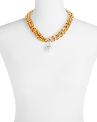 Imitation Pearl Chain Link Pendant Necklace in Gold Tone, 18"