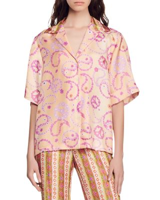 Sandro Kimy Printed Silk Button Down Shirt In Peach