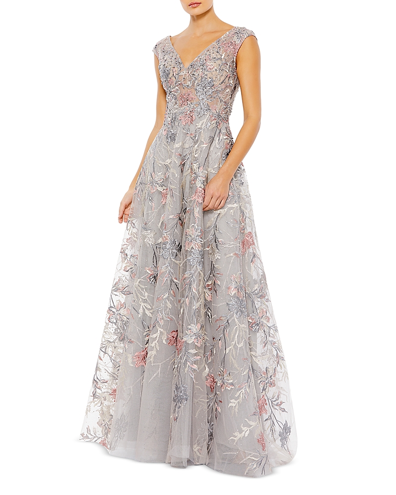 Mac Duggal Embroidered Illusion Cap Sleeve A Line Gown