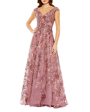 Mac Duggal Embroidered Illusion Cap Sleeve A Line Gown In Cinnamon