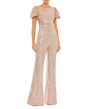 Mac Duggal Sequined Puff Shoulder Illusion Cut Out Jumpsuit In Blush