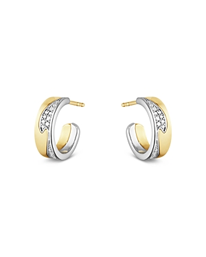 Shop Georg Jensen 18k White & Yellow Gold Fusion Diamond Pave Wavy Small Hoop Earrings In White/gold, 0.18 Ct. T.w.