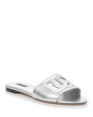 Dolce & Gabbana Cut-out Dg Flat Sandals In Silver