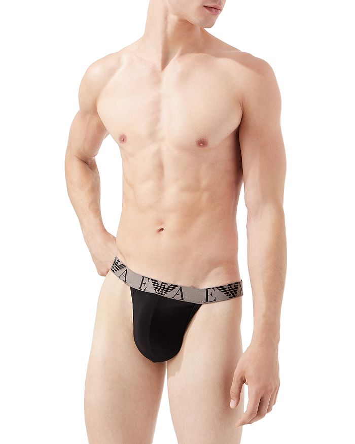 Armani Armani Cotton Blend Monogram Waistband Jock Straps, Pack of 2