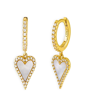 Adinas Jewels Pave Elongated Heart Huggie Hoop Earrings In 14k Yellow Gold Plated Sterling Silver In White/gold