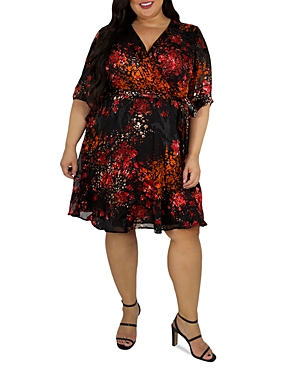 Maree Pour Toi Plus Abstract Floral Faux Wrap Dress In Red