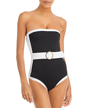 Alexandra Miro Whitney Belted Strapless One Piece Swimsuit In Black White