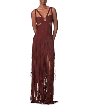 Herve Leger Fringed-hem Cut-out Recycled Rayon-blend Gown In Mahogany