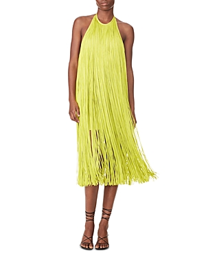 Herve Leger Fringed Halter Midi Dress In Chartreuse
