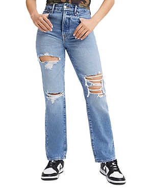 GOOD AMERICAN GOOD BOY 28 DISTRESSED STRAIGHT LEG JEANS IN I244