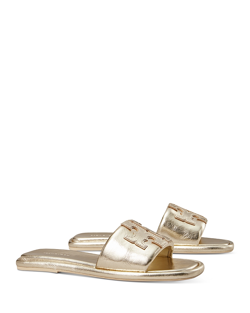 Tory Burch Double T Sport Metallic Slide Sandals In Spark Gold