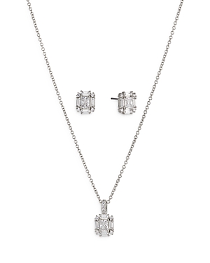 Nadri Bridesmaids Emerald Shape Cubic Zirconia Halo Stud Earrings & Pendant Necklace Set In Silver