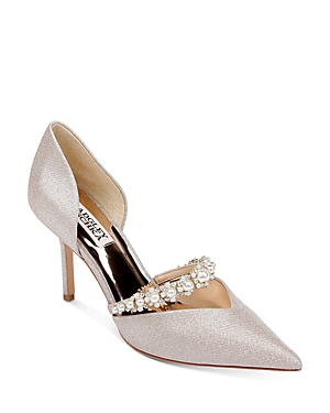Badgley Mischka Nathalie Satin Crystal-band Pumps In Champagne Textile