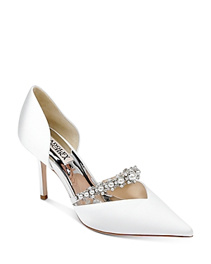 Badgley Mischka Nathalie Satin Crystal-band Pumps In White Satin