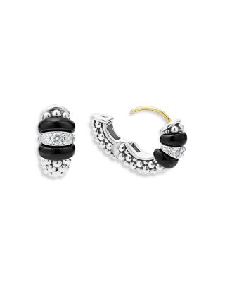 Sterling Silver Black Caviar Ceramic & Diamond Bead Huggie Hoop Earrings