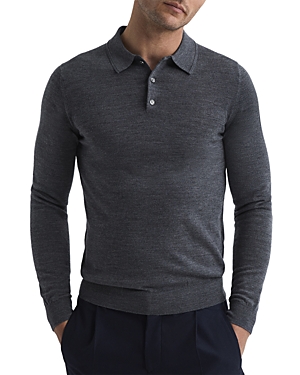 Shop Reiss Trafford Merino Wool Regular Fit Long Sleeve Polo Shirt In Mid Gray Melange