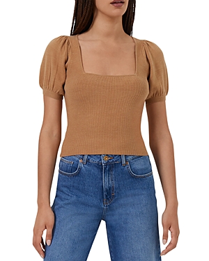 French Connection Babysoft Puff Sleeve Crop Top In Camel Mel