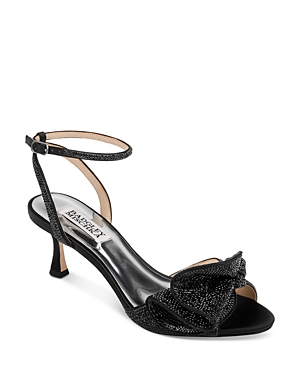 Shop Badgley Mischka Women's Remi Almond Toe Rhinestone Ruffle Mid Heel Sandals In Black Satin
