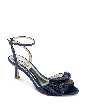Badgley Mischka Remi Strass Ruffle Stiletto Sandals In Navy Satin