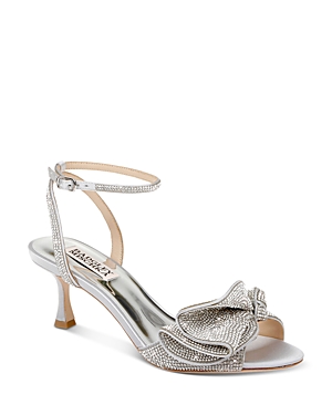 Shop Badgley Mischka Women's Remi Almond Toe Rhinestone Ruffle Mid Heel Sandals In Silver Satin