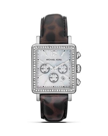 Michael Kors Women's Silver Tone Rectangle Leopard Watch, 35mm |  Bloomingdale's