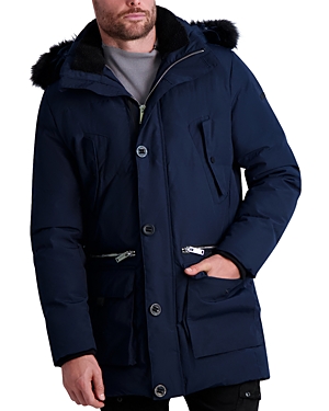 Shop Karl Lagerfeld Quilted Fur Trim Hooded Parka In Navy