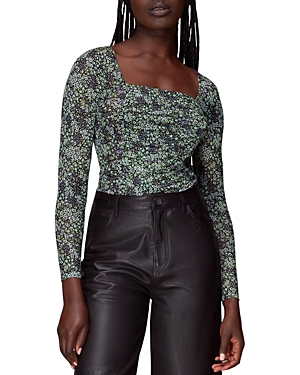 Printed Ruched Mesh Top
