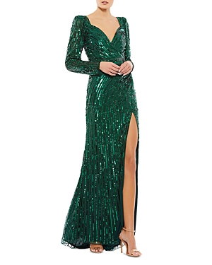 Mac Duggal Green Sequined Sweetheart Long Sleeve Gown In Forest Green