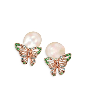Anabela Chan Butterfly Orchard Cultured Freshwater Pearl & Simulated Stone Stud Earrings In Green/rose Gold