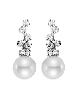 18K White Gold Cultured Freshwater Pearl & Diamond Drop Earrings