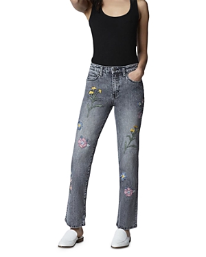 Billy T Flea Market Floral Embroidered High Rise Ankle Straight Jeans in Grey