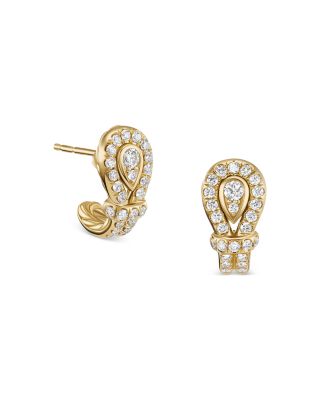 David Yurman Thoroughbred Loop Huggie Hoop Earrings in 18K Yellow Gold with Pave Diamonds