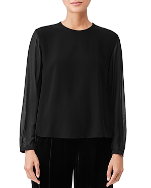 Eileen Fisher Silk Long Sleeve Crewneck Top In Black