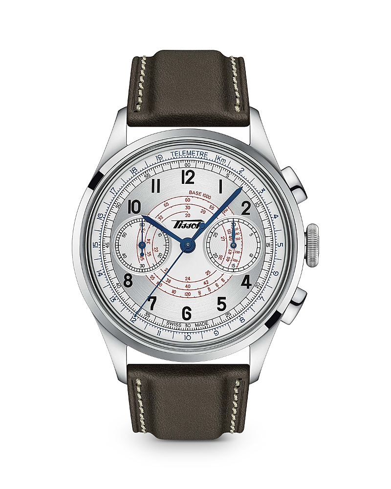 Tissot Telemeter 1938 Silver Dial Leather Strap Men's Watch In White/gray