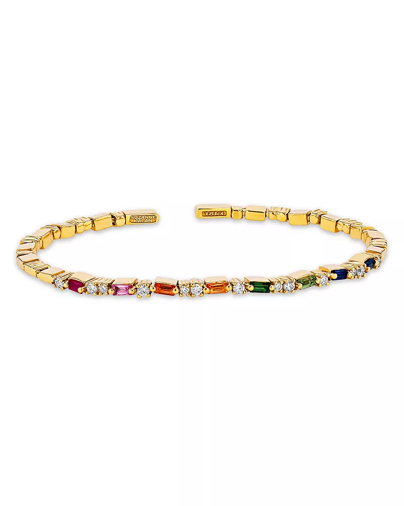 Suzanne Kalan 18K Yellow Gold Fireworks Rainbow Sapphire Baguette & Diamond Bangle Bracelet
